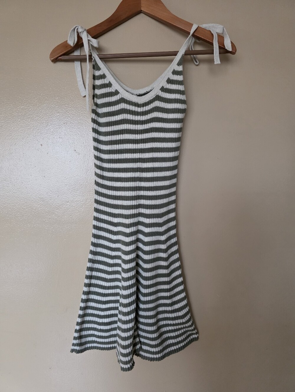 Aerie Olive Green Cream Ribbed Striped Knit Dress S 100% Cotton Tie Shoulder Y2K